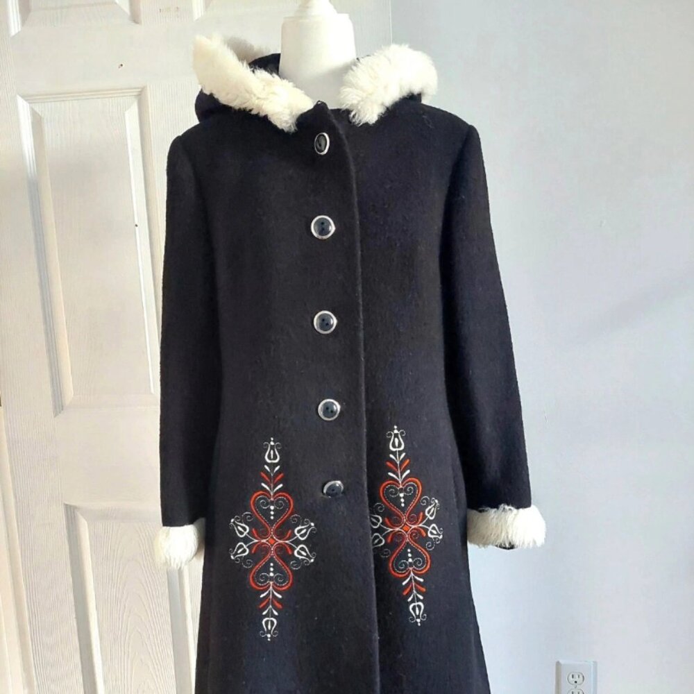 Vtg Wolfstaedter 1960's Black Faux Fur Trim Swing Coat L Wool Lined MCM